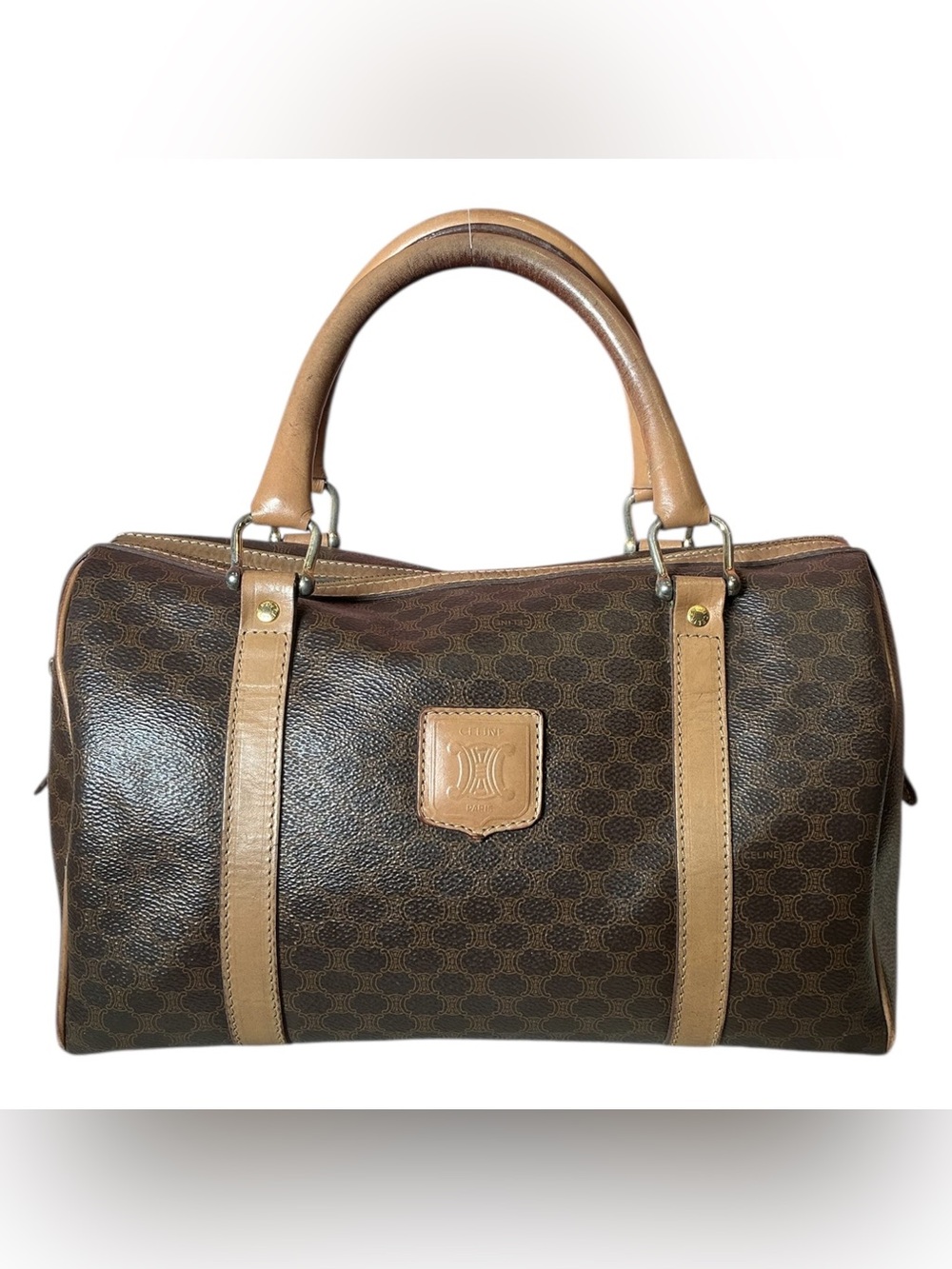Vintage 80s Celine Triomphe Macadam Coated Canvas Leather Mini Bowler Speedy Bag